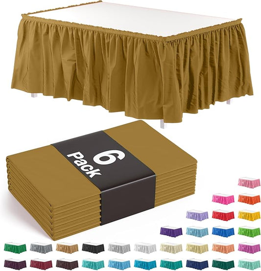 Exquisite Ruffle Table Skirt Gold 6 Pack 14 Ft Long Table Skirts for Rectangle Tables 6ft Plus or Round Tables Skirts with Adhesive Strip for Gender Reveal Decor & Happy Birthday Parties
