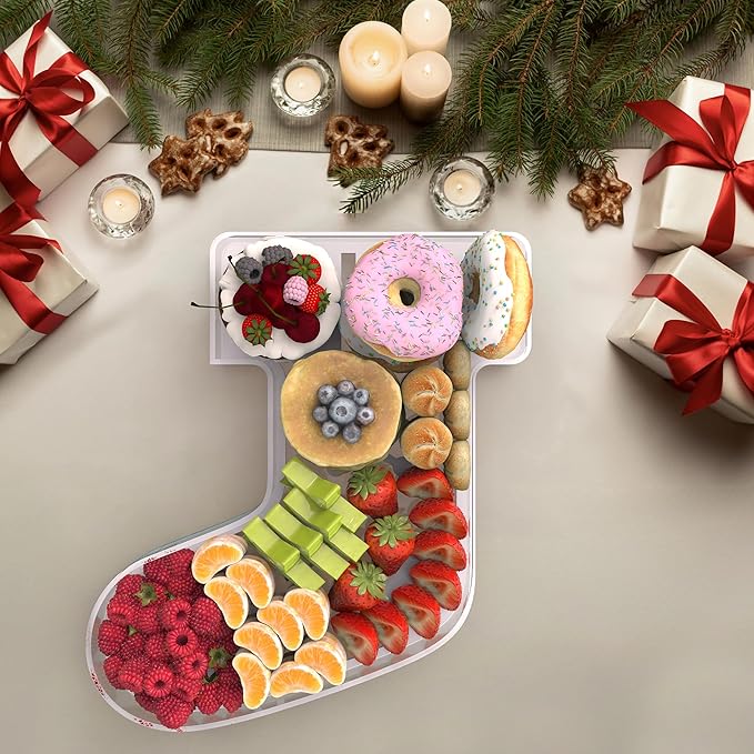 11" Christmas Stocking Charcuterie Boards, Acrylic Reusable Serving Tray for Dessert Appetizer Display, Cute Decorative Snack Platter for Xmas Party Table Decoration