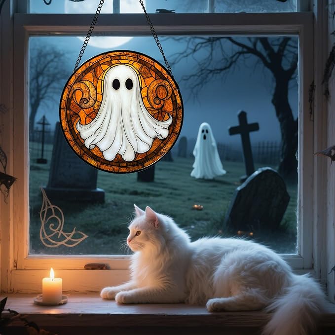 Stained Glass Window Hanging - Halloween Decoration Cute Ghost Suncatcher for Doors Garden Orange Black Spooky Sun Catchers Gothic Decor Horror Gifts for Women Men Friend Boy Girl 9.8 in