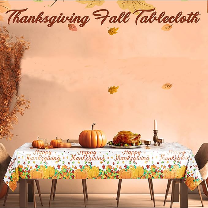 Mornajina 4 Packs 108 x 54 Inch Thanksgiving Fall Tablecloth Plastic Autumn Maple Leave Pumpkin Disposable Table Cover for Autumn Thanksgiving Party Table Decoration (Pumpkins)