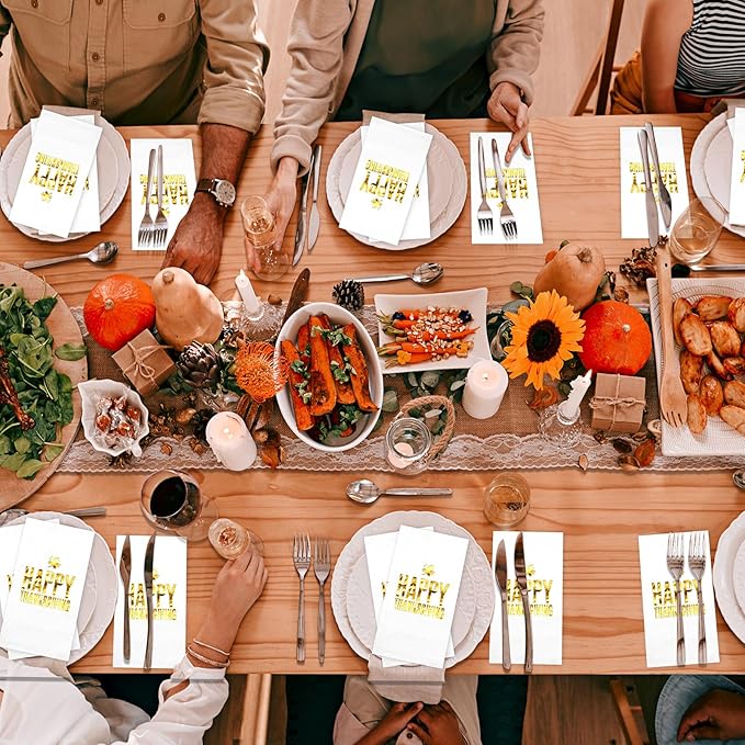 100pcs Thanksgiving Cocktail Napkins,Disposable Napkins with Happy Thanksgiving Gold Foiled,Fall Dinner Guest Paper Hand Towels for Autumn Harvest Thanks Theme Party Decorations,7.9 * 4.3inch