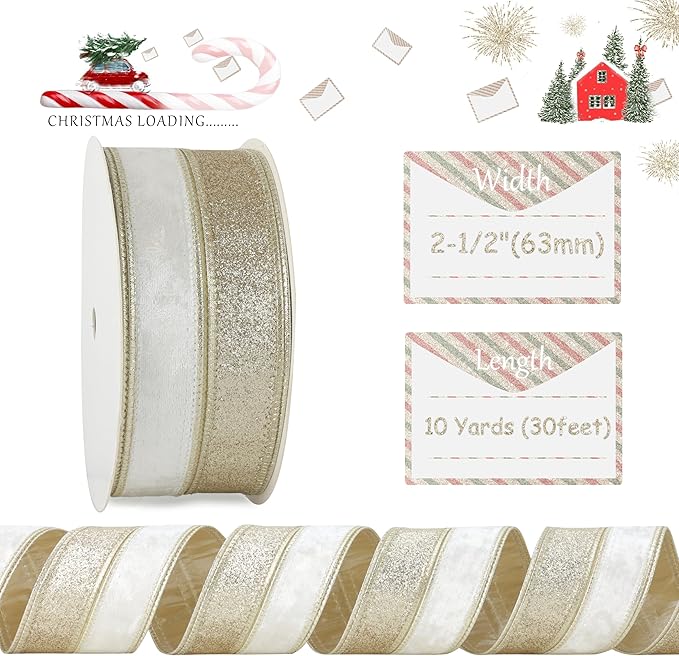 Ivory Velvet Wired Christmas Ribbon 2.5 Inch Ivory and Gold Glitter Holiday Ribbon – 10-Yards Roll for Tree Decorations, Gift Wrapping, Wreaths, and DIY Crafts