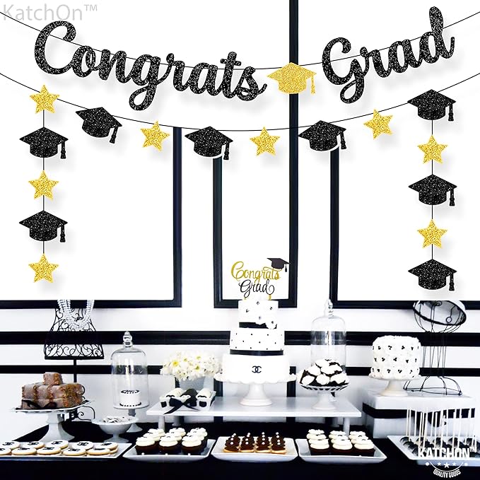 KatchOn, Glitter Black and Gold Congrats Grad Banner - 10 Feet | Black and Gold Graduation Banner, Cap Garland for Graduation Decorations 2025 | 2025 Grad Party Decorations