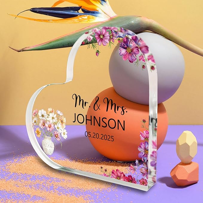 Custom Wedding Heart Acrylic Plaque,Mr & Mrs Cake Topper,Personalized Wedding Keepsake/Gift/Sign (Style 8)