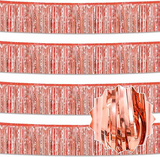 4 Pack 10 Ft Rose Gold Foil Fringe Garland Metallic Streamers Tinsel Banner Wall Hanging Garland Backdrop for Parade Floats, Halloween, Christmas, Thanksgiving, New Year Party Decorations
