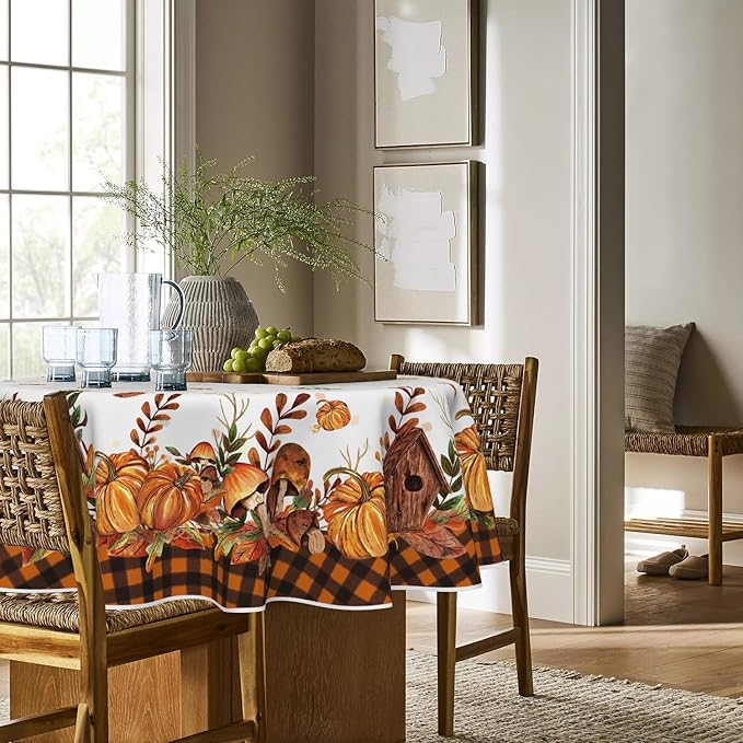 Horaldaily Fall Tablecloth 60x60 Inch Round, Thanksgiving Autumn Harvest Pumpkin Mushroom Orange Buffalo Plaid Table Cover for Party Picnic Dinner Decor