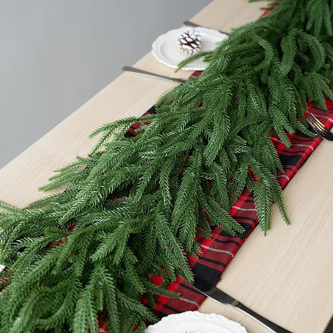 Artificial 9Ft Norfolk Pine Garlands, Christmas Winter Pine Garland, Real Touch Faux Green Greenery Garland for Table, Fireplace, Stairs, Mantle, Window, Indoor, Outdoor Christmas Decorations