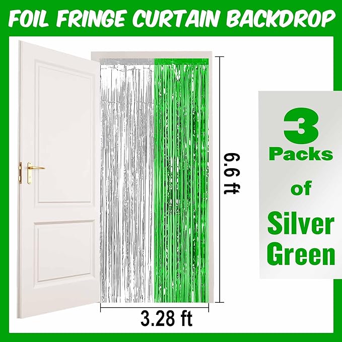 3 Pack Silver Green Foil Fringe Curtains Backdrop, 3.28 x 6.6 Ft Metallic Streamers Tinsel Curtains Background for Photo Booth, Birthday, Halloween, Christmas, Thanksgiving, New Year Party Decorations