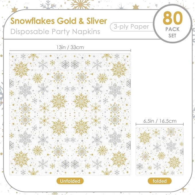 Christmas Snowflake Paper Napkins, Party Napkins 80 Pieces White Disposable Dinner Paper Napkins for Xmas Party Table Decorations