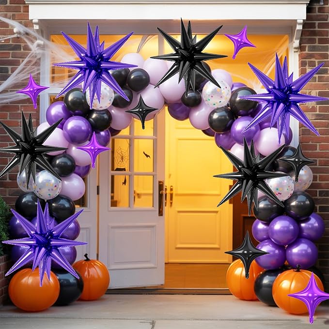 18 Pcs Black Purple Star Balloons, Purple and Black Stars Foil Balloon with 6 Pcs 22-Inch Explosion Star Balloons 12Pcs 10-Inch Four Pointed Stars Balloon for Birthday Halloween Party Decoration