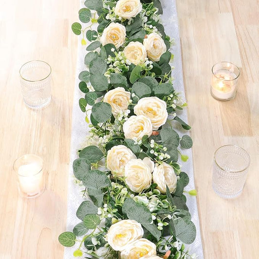 TOCHGREEN 2 Pack 12Ft Artificial Eucalyptus Flower Garland with Champagne Roses, Fake Rose Flower Greenery Garland Floral Vines for Wedding Home Party Table Runner Decor (2PCS, Champagne)