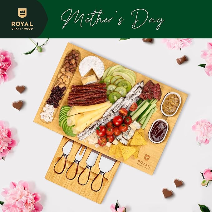 ROYAL CRAFT WOOD Bamboo Cheese Board and Knife Set with Charcuterie Board & Serving Tray with 4 Stainless Steel Knife & Thick Wooden Server with Bowls and Serveware Accessories