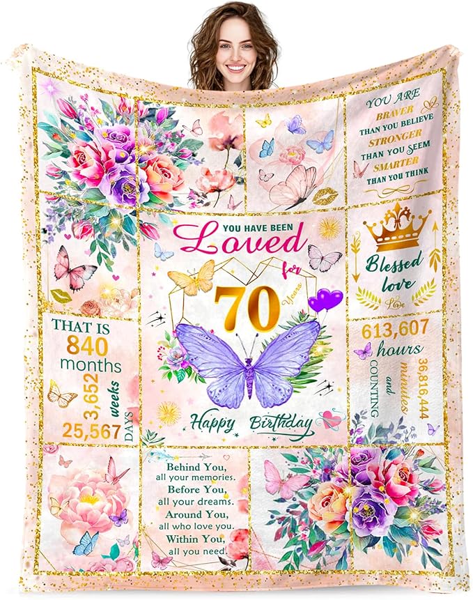 70th Birthday Gifts for Women, Super Soft Unique Fun Purple Butterfly Flower Blanket Gifts for Anniversary Christmas, 70th Birthday Decorations for Women, Cozy Warm Plush Fuzzy Fleece Blanket 60"x50"