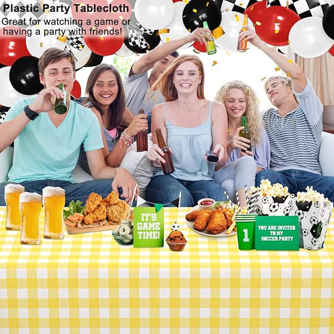 WNINK 6 Pack Light Yellow Gingham Rectangular Plastic Tablecloths, Yellow and White Checkered Disposable Table Covers 54" x 108" for Birthday, Wedding, Bridal Shower, Outdoor Picnic Camping Parties