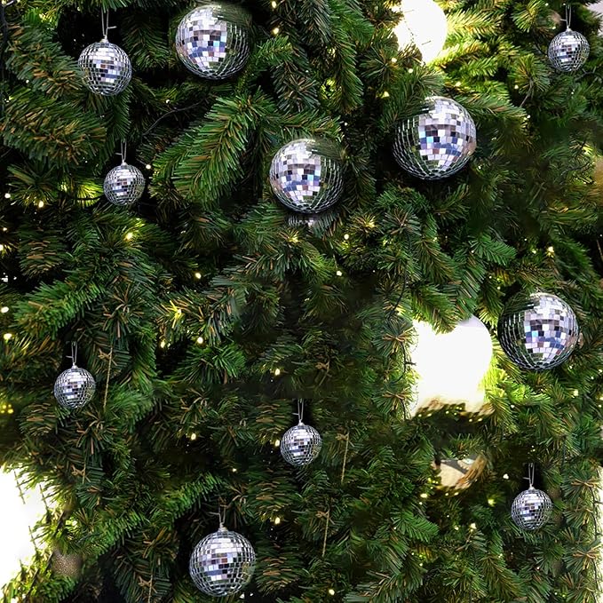 26 Pack Disco Ball Decorations Set - 24 Mirror Mini Glass Hanging Disco Balls (3 Sizes) & 2 Silver Foil Curtains for Party Wedding Dance DJ Stage Music Festival Christmas Birthday Club Decor