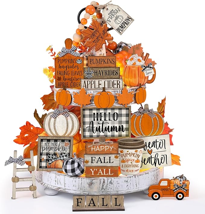 21 Pcs Fall Thanksgiving Tiered Tray Decoration Set Thanksgiving Table Sign Pumpkins Farmhouse Gnome Maple Leaves Centerpieces Harvest Wood Blocks Signs Fall Block Tabletop for Autumn