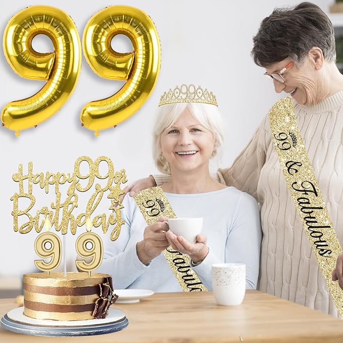 99th Birthday Decorations for Women Gold with 99th Birthday Sash and Tiara, Cake Topper and Candles, Number Balloons, 99 Year Old Gifts for Women