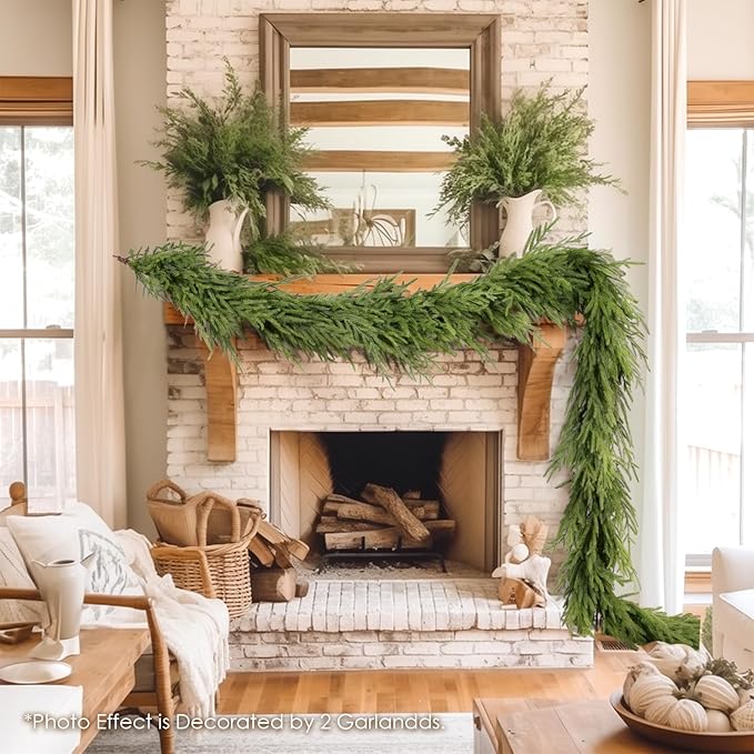 WBHome 9ft Real Touch Norfolk Pine Christmas Garland, Winter Greenery Garland for Christmas, Holiday Seasonal Outdoor/Indoor Home Decor, 9FT Long