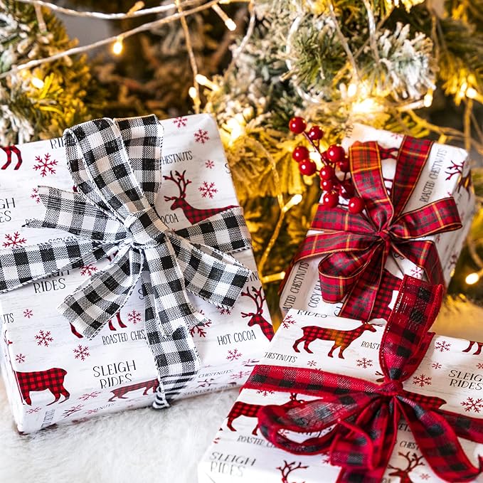 WRAPAHOLIC 30 Inch Jumbo Reversible Christmas Wrapping Paper - 30 Inch x 33 Feet - Red White Reindeer and Snowflake Wrapping Paper for Christmas, Holiday, Party