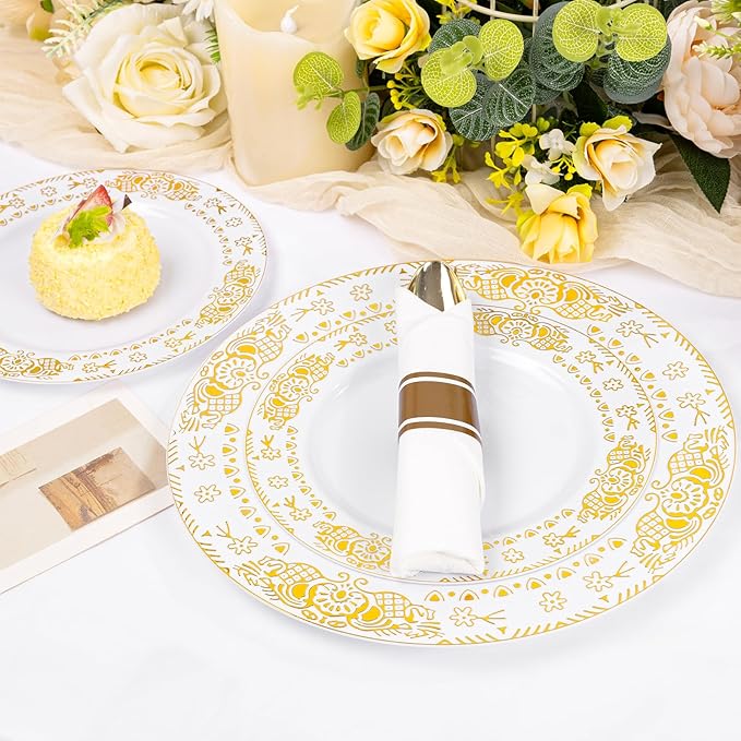 GATHER 350PCS White and Gold Plastic Plates - Gold Disposable Dinnerware Set Include 50 Dinner Plates, 50 Dessert Plates, 150 Gold Plastic Silverware, 50 Napkins, 50 Cups for Wedding & Thanksgiving