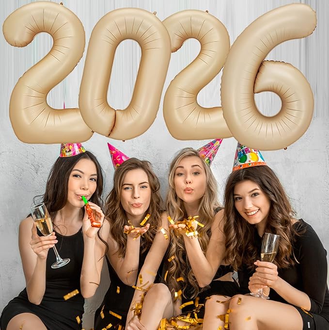KALOR 42 Inch 2026 Caramel Mylar Number Balloons, 2026 New Years Foil Balloon for 2026 Happy New Year Eve and Graduations Decorations Party Supplies