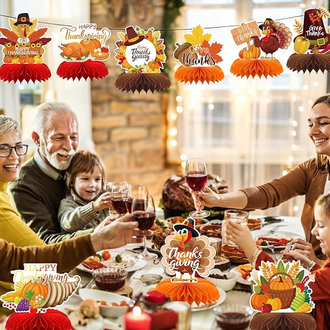 9PCS Thanksgiving Honeycomb Centerpiece Turkey Pumpkin Maple Leaves Honeycomb Thanksgiving Table Centerpiece for Thanksgiving Table Decoration Fall Autumn Theme Birthday Party Supplies