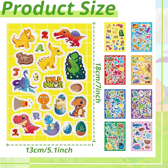 24 Sheets Dinosaur Stickers for Kids, 490Pcs Dino Stickers Bulk Preschool Sticker Sheets for Reward Craft Scrapbooking Water Bottles Gifts Bags Cards Envelopes Dinosaur Party Favors Supplies