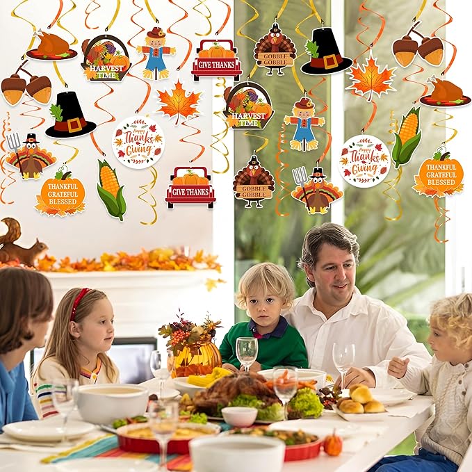 Thanksgiving Decorations Hanging Swirl - 36Pcs Thanksgiving Hanging Ceiling Streamers - Turkey Corns Pumpkin Maple Leaves Swirls for Home Indoor Outdoor Party Office Decor Supplies (NO DIY Required)