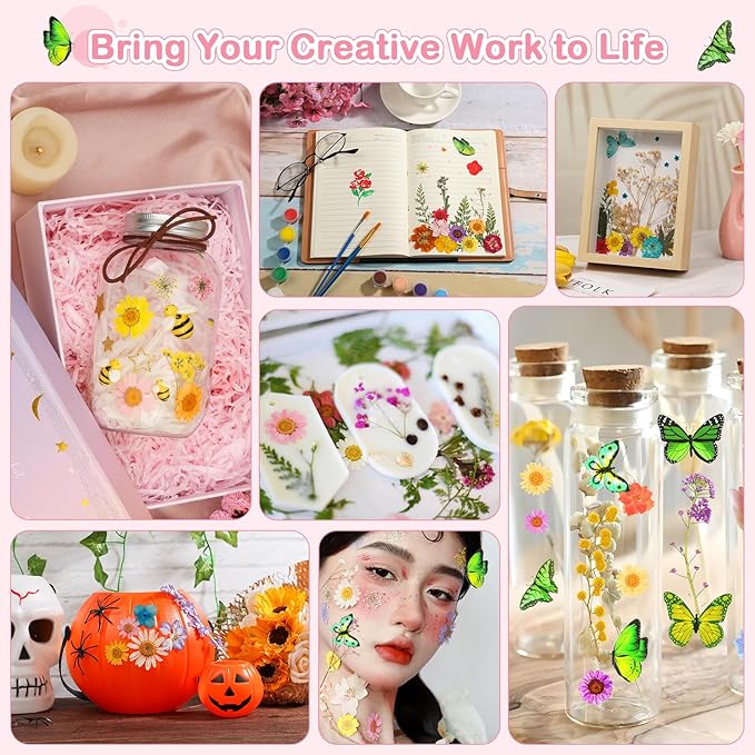 231 PCS Pressed Flowers Bulk for Resin Crafts, Dried Pressed Flowers Butterfly Stickers with Tweezers Real Natural Dry Wildflowers for Resin Molds DIY Art Candle Phone Cases Bookmark Jewelry Making