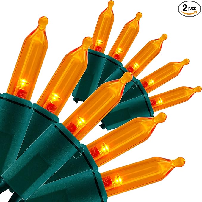 YULETIME Orange LED Christmas Lights 200 Count 50 ft, Pack of 2 Strands 25 ft 100 Lights UL Certified Halloween String Light Set (Orange)