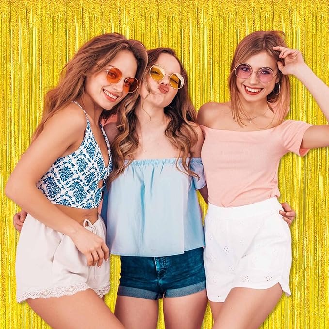 3 Pack Gold Foil Fringe Curtains Backdrop, 3.28 x 8.2 Ft Metallic Streamers Tinsel Curtains Background for Photo Booth, Birthday, Christmas, Halloween, Thanksgiving, New Year Party Decorations