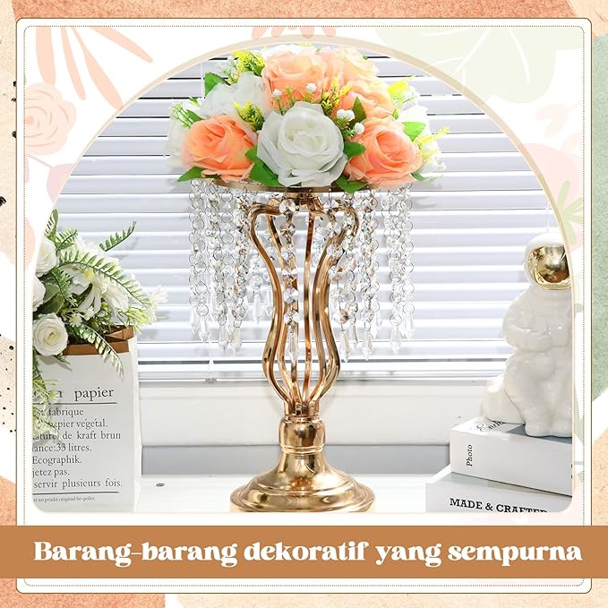 16 Pcs Wedding Centerpieces for Tables, Gold Silver Vase Centerpiece with Chandelier Crystal Metal Flower Stand, Tall Flower Vases for Wedding Party Home Decoration(Gold,12.6)