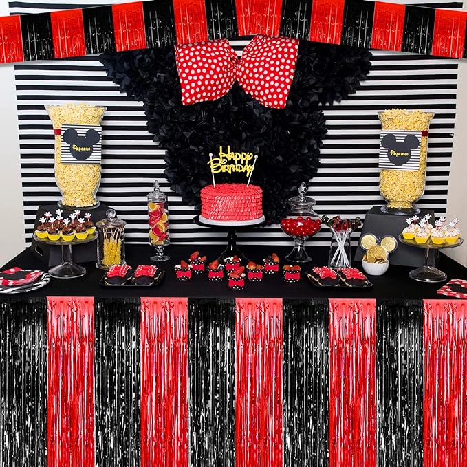 6 Pack 6 Feet Foil Fringe Garland Metallic Tassle Banner Wall Hanging Tinsel Streamers Backdrop for Parade Floats, Bachelorette Casino Viva Las Vegas Game Night Birthday Party Decorations(Black Red)
