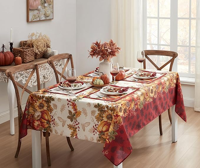 Newbridge Thanksgiving Autumns Bounty Bordered Fabric Tablecloth, 60 x 144 Inch Rectangle, Bountiful Farm Pumpkin Fall Harvest Multicolor Easy Care Table Cloth for Holiday Party