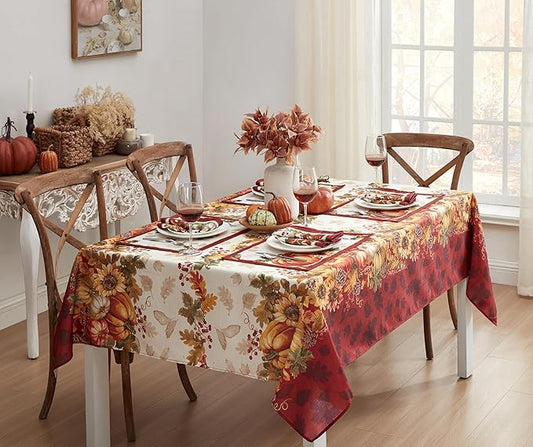 Newbridge Thanksgiving Autumns Bounty Bordered Fabric Tablecloth, 60 x 144 Inch Rectangle, Bountiful Farm Pumpkin Fall Harvest Multicolor Easy Care Table Cloth for Holiday Party