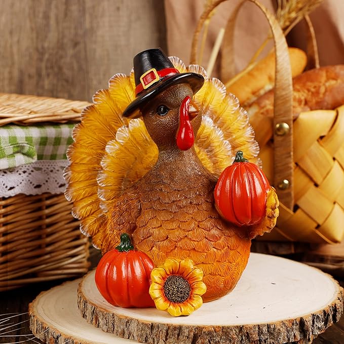 SAND MINE Thanksgiving Turkey Tabletop Centerpiece Decor, Resin Turkey Decoration for Autumn Fall Thanksgiving Harvest Home Decorations