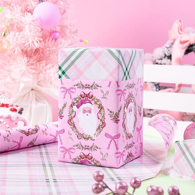 RUSPEPA 30" X 32.8' Reversible Christmas Wrapping Large Paper Roll, Jumbo Roll, Pink Santa Claus, Floral Wreath, Bow Design, Green Pink Plaid Gift Wrap for Girls, Kids, Family, Xmas Holiday Gifts