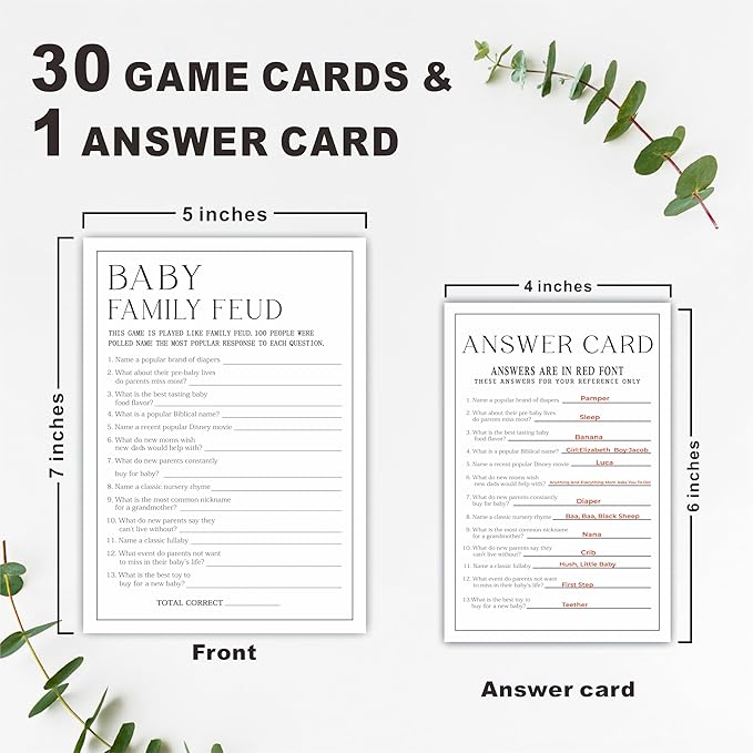 Baby Shower Party Games- Minimalism Black &White-Family Feud Game For Guest-30 Game Cards & 1 Answer Card-Wishes For Baby-Baby Announcement Gender Reveal Game Card 09