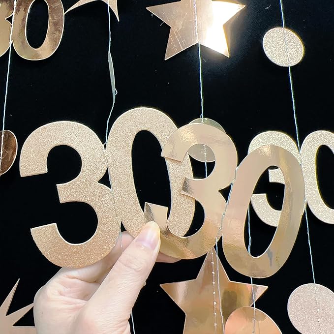 Champagne Gold 30th Birthday Decorations Number 30 Circle Dot Twinkle Star Garland Streamer Banner Backdrop for Womens Cheers to 30 Years Old Dirty Thirty Happy 30th Anniversary Party Supplies