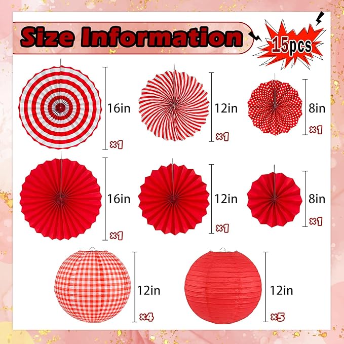 15Pcs Red Party Decorations Supplies Set, Hanging Red Paper Lanterns Paper Fans for Home Decor Birthday Wedding Graduation Picnic BBQ Baby Shower Pizza Party