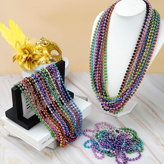 SHAOQINLIN 24 PCS Mardi Gras Beads Necklaces, 12 Colors 33 Inch 6 mm Metallic Bead Necklaces Bulk Party Beads Necklace Round Beaded Necklaces for Mardi Gras, Christmas, Carnival Party Favor