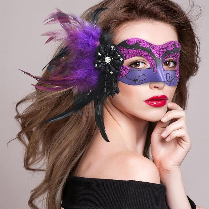 2025 New Masquerade Masks for Women Purple - Mardi Gras Mask for Women with Feathers - Womens Mascarade Venetian Mask for Masquerade Party, Halloween Ball, Cosplay Prom, Christmas