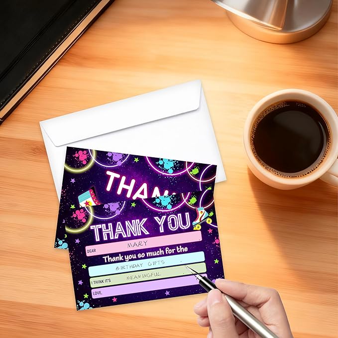 Kids Thank You Card, Retro Disco Theme Thank You Notes, Roller Skate Greeting Card With Envelope, Birthday Wedding Graduation Christmas Party Favors Supplies Decor(20 Pcs)-05