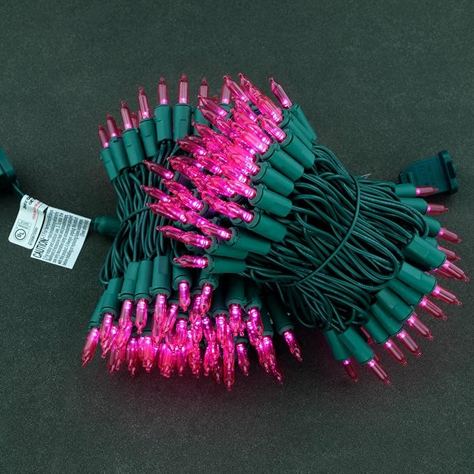 YULETIME Pink LED Christmas Lights 200 Count 50 ft, Pack of 2 Strands 25 ft 100 Lights UL Certified String Light Set (Pink)