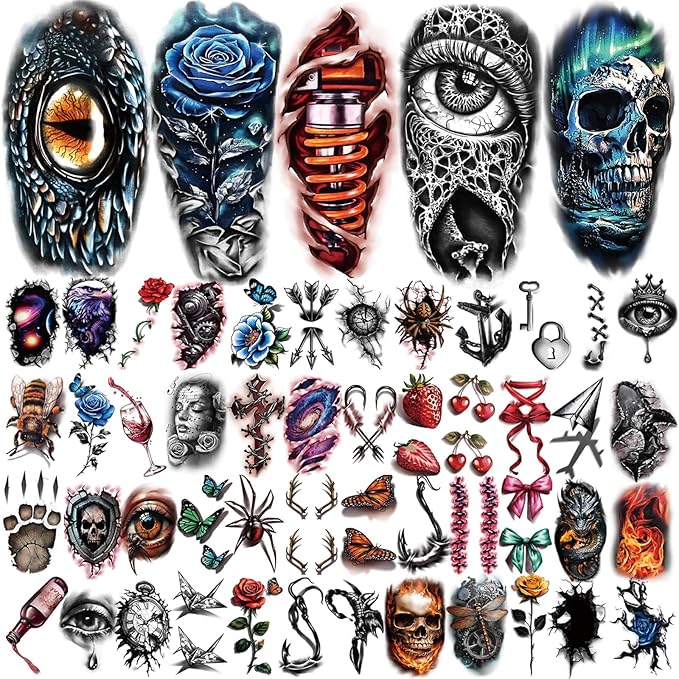 77 Sheets Temporary Tattoo for Women Men, 17 Sheets Half Arm Large 3D Eyes Lion Tiger Spider Fake Tattoos, 60 Sheets Flower Snake Skull Tiny for Adult Kids Cosplay Body Tattoos Stickers Realistic