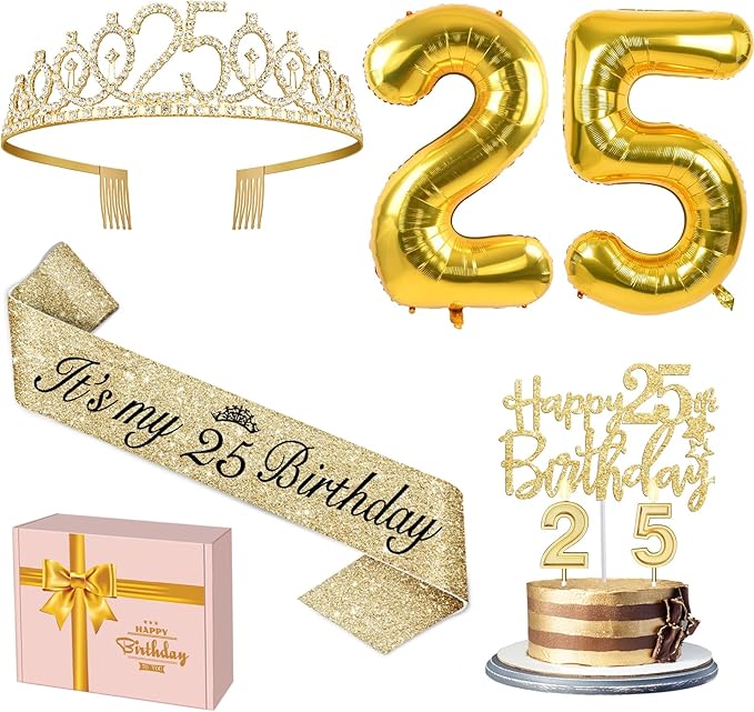 25th Birthday Decorations for Women Gold with 25th Birthday Sash and Crown, Cake Topper and Candles, Number Balloons, 25 Year Old Gifts for Women