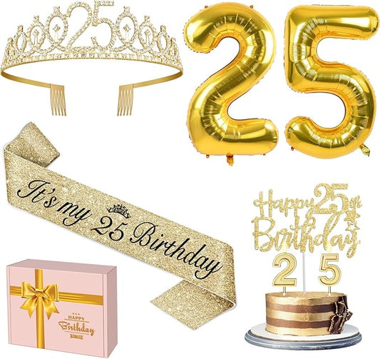 25th Birthday Decorations for Women Gold with 25th Birthday Sash and Crown, Cake Topper and Candles, Number Balloons, 25 Year Old Gifts for Women