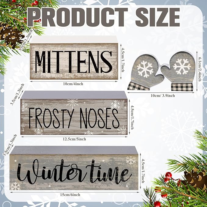 4 Pcs Christmas Table Decorations Wooden Gloves Decor Winter Tiered Tray Decor Rustic Snowflake Block Signs Gift Farmhouse Christmas Centerpiece for Winter Wonderland Party Kitchen Home