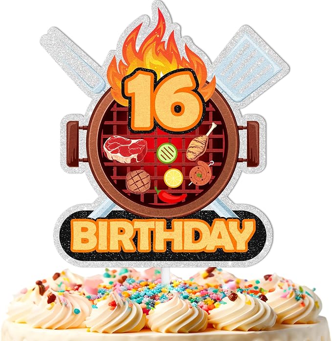 Barbecue Cake Topper Teen BBQ Theme 16th Birthday Happy Sausage Kebab Decoration, Boy and Girl Birthday Party, Summer Outdoor Picnic Party, Anniversary Friend Family Gathering Cooking Grill Decoration