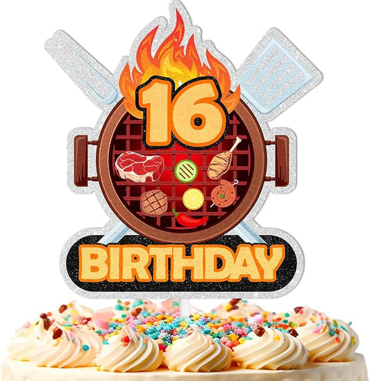 Barbecue Cake Topper Teen BBQ Theme 16th Birthday Happy Sausage Kebab Decoration, Boy and Girl Birthday Party, Summer Outdoor Picnic Party, Anniversary Friend Family Gathering Cooking Grill Decoration
